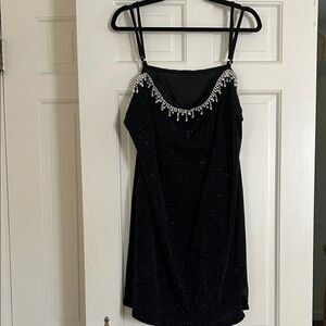 Cider Black Mini Dress with Beaded Neckline